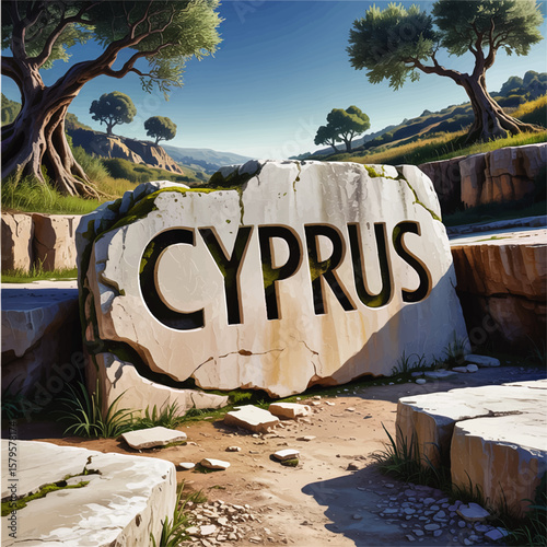 Ancient Cyprus Stone Landmark in Mediterranean Landscape with Olive Trees – Idyllic Nature, Tourism, and Heritage Illustration