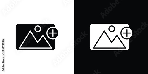 Add photos icon symbol in black and white color. Silhouette Styles.