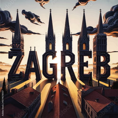 Stunning Artistic Sunrise Over Zagreb Cathedral Towers with Dramatic Clouds and Bold Lettering – Croatia Travel Concept Illustration