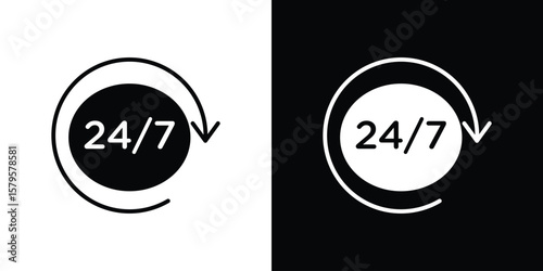 24 7 icon symbol in black and white color. Silhouette Styles.