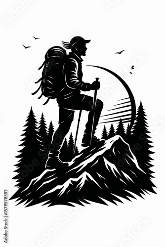 Adventurous Hiker on Mountain Trail Silhouette