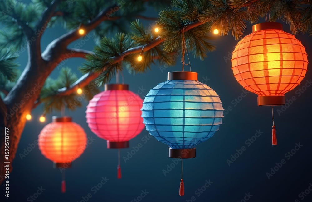 Obraz premium Set of colorful paper lanterns illuminate dark night. Blue, pink, orange lanterns hang from tree branch, adorned with small yellow lights. Festive atmosphere for celebrations, holidays, cultural