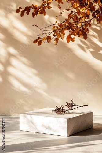 Elegant Marble Display With Autumn Leaves Casting Shadows in Soft Light.