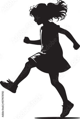 Active girl silhouette running with flowing hair child