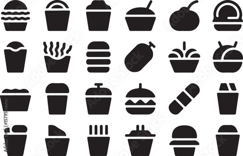 Collection of black fast food icons including burgers fries and drinks hamburger french fries