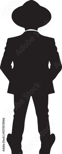 Black silhouette of a person wearing a hat and suit vector