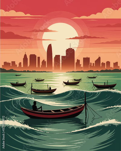 Vibrant sunset over modern city skyline with rowboats on ocean waves, retro illustration style for travel and urban themes