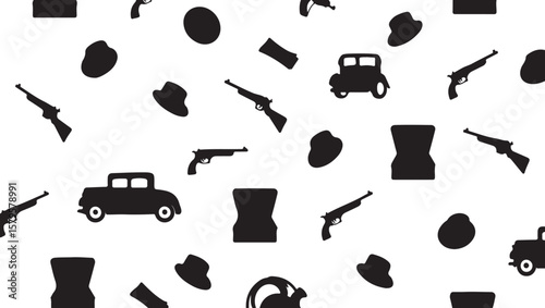 Black silhouettes of vintage cars hats and firearms on white automobile fedora