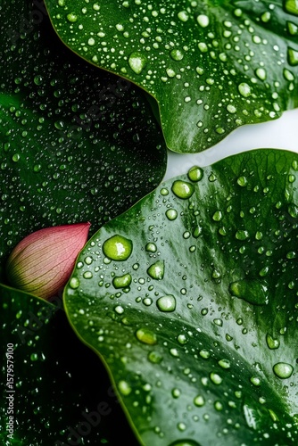 Lotus Flower Bud Surrounded by Green Leaves on a Calm Water Surface in the Mo...