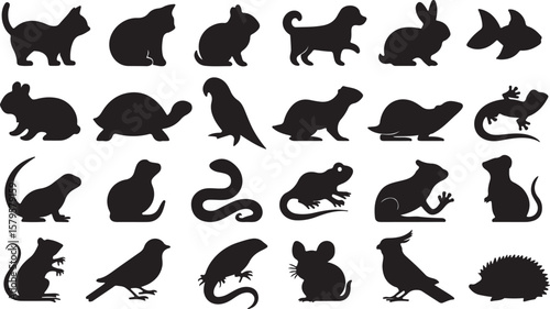 Diverse animal silhouettes including cats dogs rabbits fish turtles parrots snakes lizards mice birds and hedgehogs