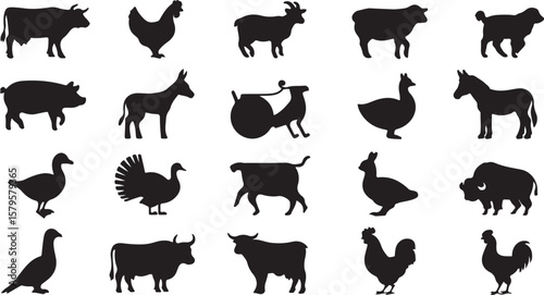 Farm animals and birds silhouettes chicken goat