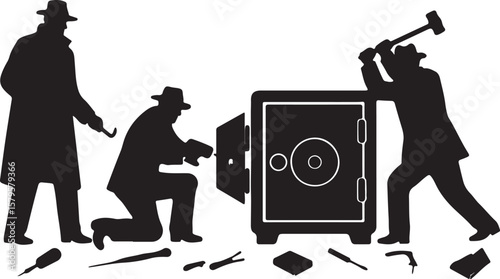 Figures attempting to open a safe with tools silhouette people