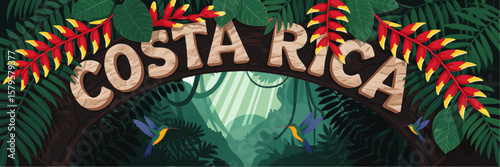 Costa Rica Jungle Illustration with Tropical Foliage, Exotic Flowers, Colorful Hummingbirds and Rainforest Nature Banner Design