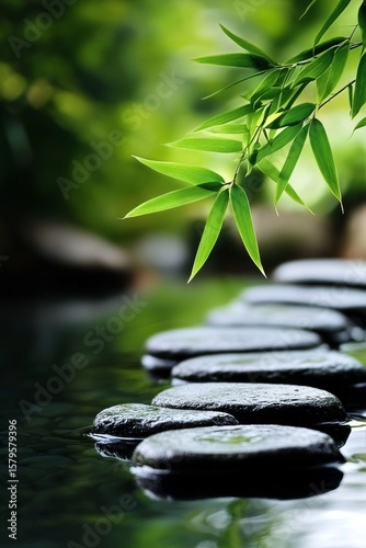 Serene Bamboo Leaves Framed by Stepping Stones Over Tranquil Water on a Calm ...