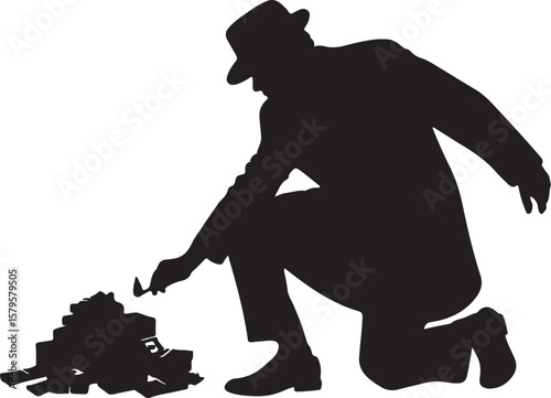 Man in fedora examining pile black