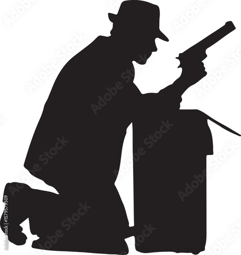 Man in hat aiming pistol behind crate vector