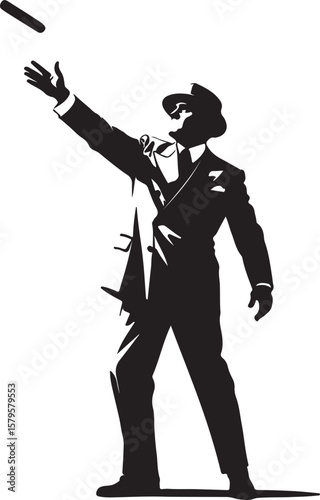 Man in hat and suit throwing object silhouette