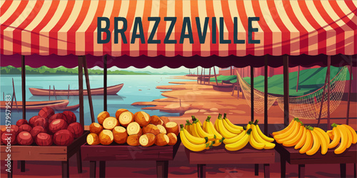 Vibrant Brazzaville Riverside Market Illustration with Bananas, Yams, Canoes, and African Landscape under Striped Awning