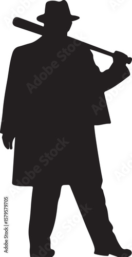 Man wearing hat and coat holding baseball bat silhouette fedora