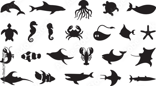 Marine life silhouettes dolphin fish