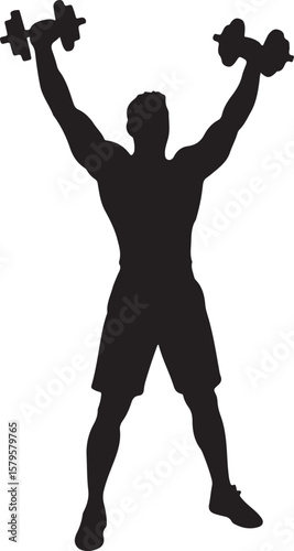 Muscular man lifting dumbbells overhead silhouette athletic
