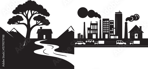 Natural Landscape Versus Urban Cityscape With Pollution nature river