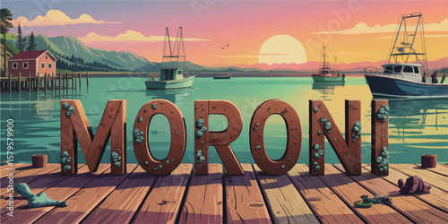 Moroni Harbor at Sunset – Wooden Dock Letters, Fishing Boats, Scenic Mountains, Vibrant Pastel Sky, Coastal Landscape Illustration