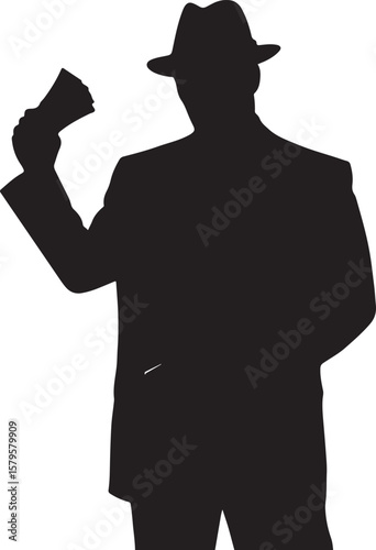 Silhouette man in fedora holding money suit