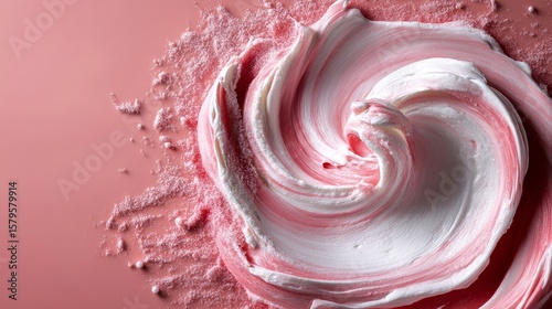 Swirling Pink and White Meringue on a Pink Background With Powdered Sugar Dust