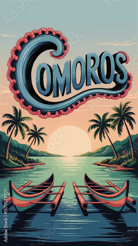 Comoros Sunset Tropical Landscape Illustration with Canoes, Palm Trees, Ocean View and Exotic Island Scenery for Travel and Tourism