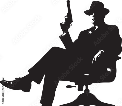Silhouette man in hat holding gun sitting in chair male person