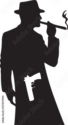 Silhouette man wearing hat smoking cigar holding pistol fedora