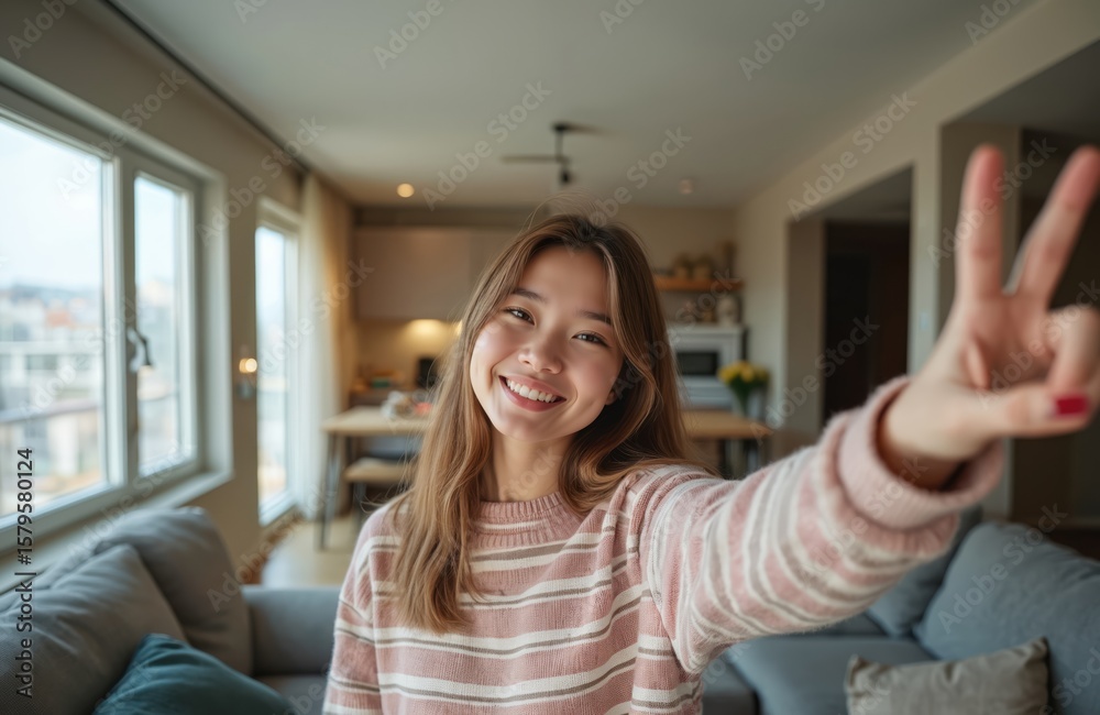 Young woman takes selfie in living room, shows peace sign with hand. Smiling girl wears striped pullover, enjoys weekend at home. Casual indoor lifestyle, natural light from window, comfortable Young woman takes selfie in living room, shows peace sign with hand. Smiling girl wears striped pullover, enjoys weekend at home. Casual indoor lifestyle, natural light from window, comfortable