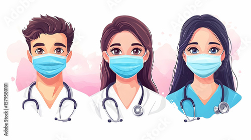 Three Cartoon Doctors Wearing Masks and Stethoscopes Against a P