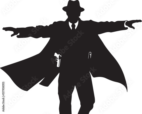 Silhouette of a man in a trench coat and fedora holding a gun vector