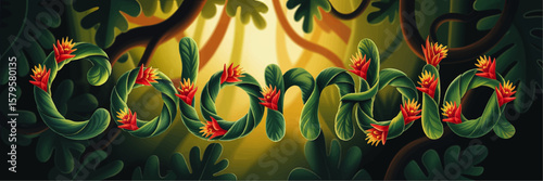 Colombia Typography Jungle Nature Illustration – Lush Green Leaves, Tropical Flowers, Vibrant Rainforest Sunlight Background