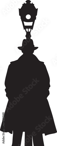 Silhouette of a person wearing a hat and coat under a street lamp fedora