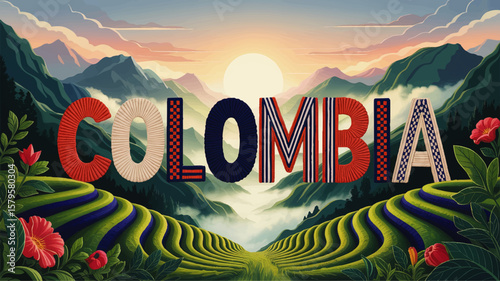 Vibrant Colombia Landscape Illustration with Mountains, Sunrise, Flowers and Creative Text for Travel and Nature Themes