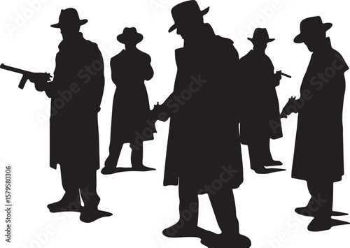 Silhouetted men wearing fedoras and trench coats holding firearms silhouettes guns