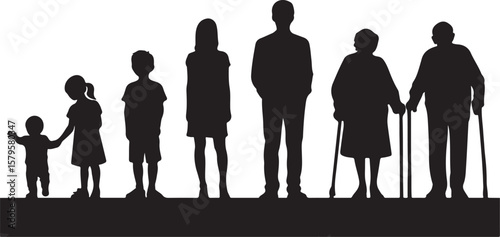 Silhouettes of people from infancy to old age family generations