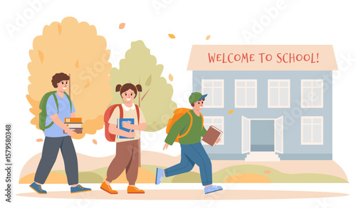 Happy children going to school. Smiling teenage girls and boy pupils or student characters in autumn. Education Vector illustration.