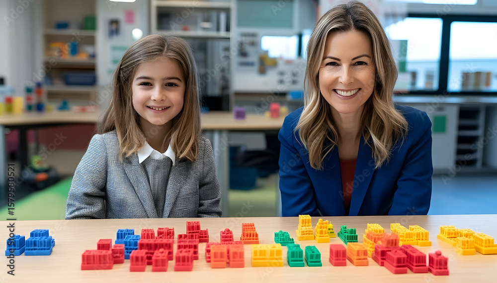 Fototapeta premium Smiling girl and teacher with colorful building blocks in classr