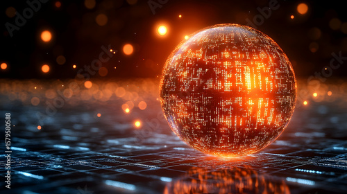 Glowing Orb with Circuitry Pattern on Reflective Grid Surface wi