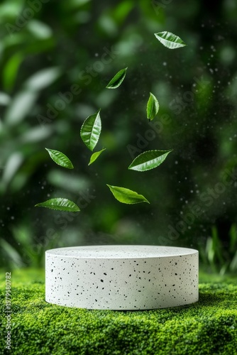 Floating Green Leaves Above a Circular Stone Platform in a Serene Garden Sett...