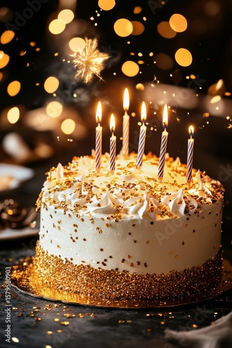 Celebration Cake With Candles and Golden Decorations in a Festive Atmosphere