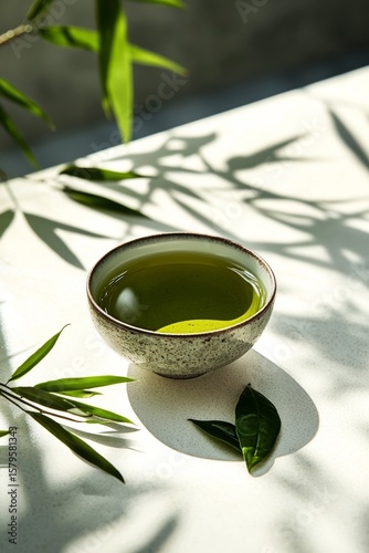 Green Tea in a Textured Bowl Surrounded by Plant Leaves Under Soft Natural Li...