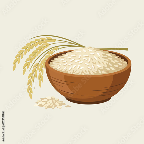 Brown Bowl of White Rice with Rice Plants