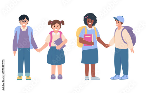 Primary or elementary students, children with books and school bags. Smiling pupils boys and girls, classmates or friends on white background. Vector illustration.