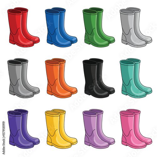 Collection of colorful rubber rain boots for all weather protection