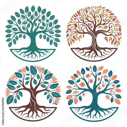 Four stylized trees of life in different seasons and colors